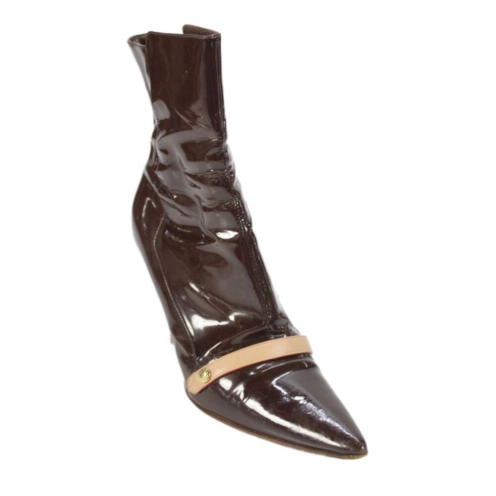 Louis Vuitton Women's Pointed Toe Patent Leather Ankle Boots Brown Size 37